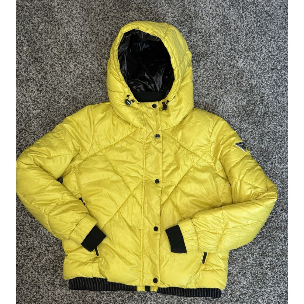 GUESS Women’s Yellow Puffer Jacket Coat Hooded Quilted Full Zip Size L/G